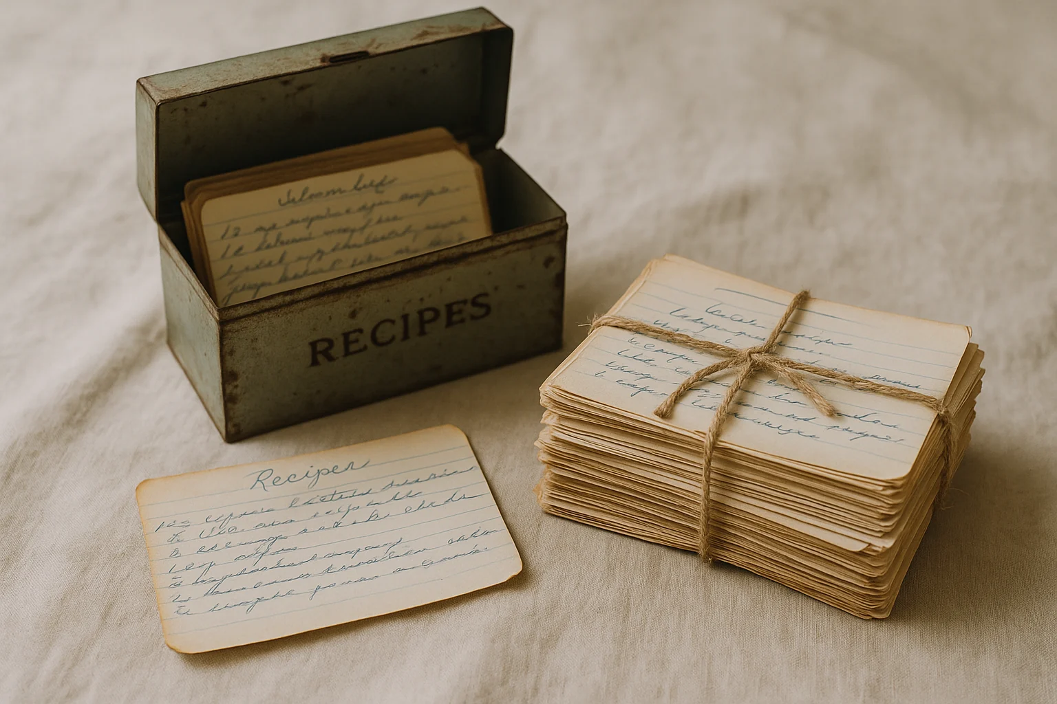A tin recipe box with its lid open beside a stack of old handwritten recipe cards tied with kitchen twine