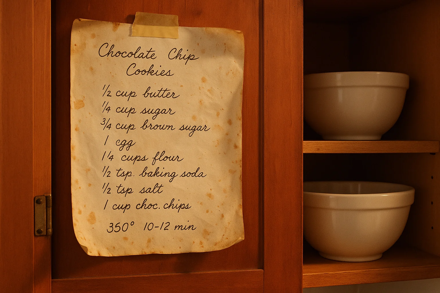 A stained handwritten recipe taped inside a kitchen cupboard door, curling at the corners, above a shelf of white mixing bowls