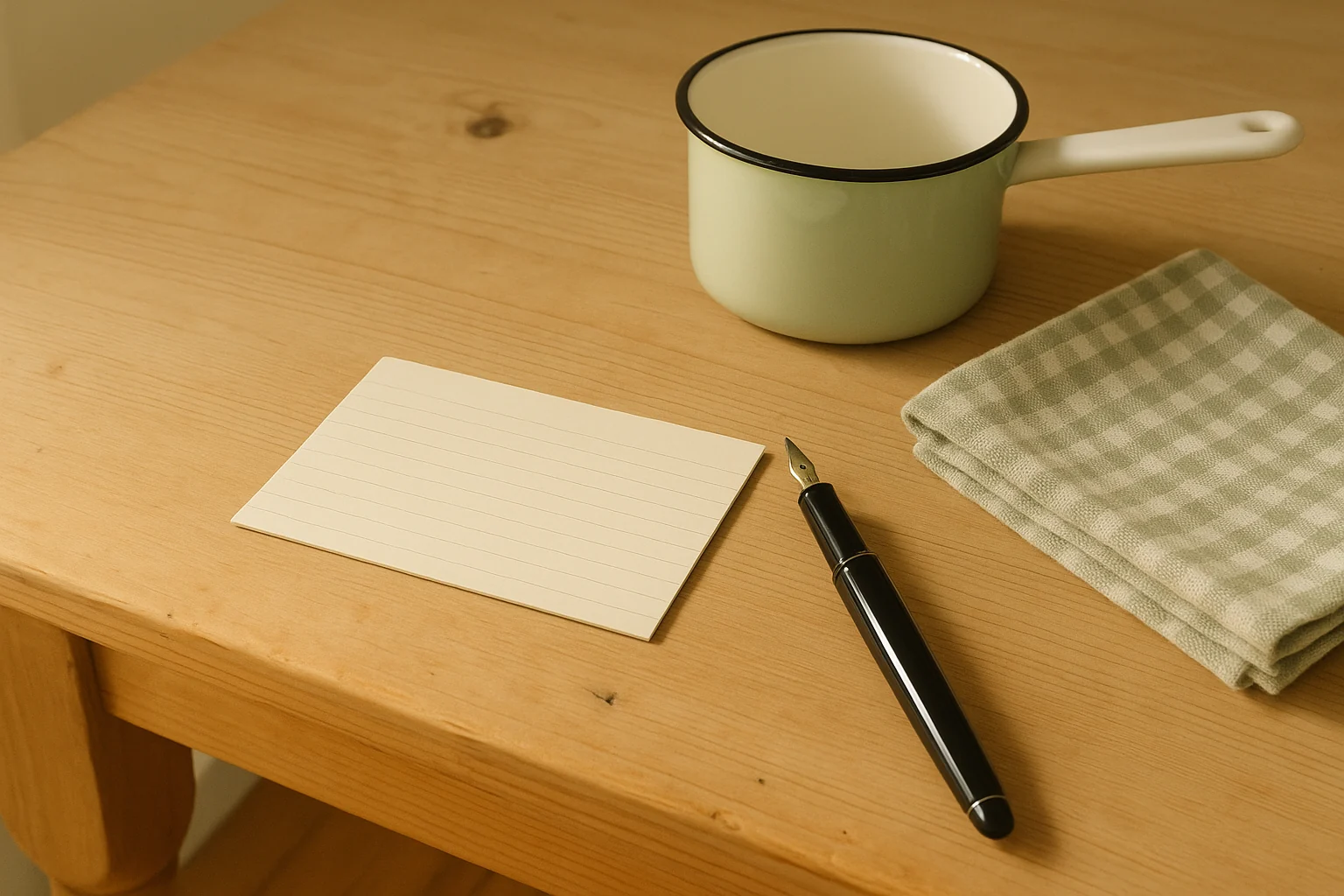 A blank lined index card and a fountain pen on a pine kitchen table, beside a small enamel saucepan and a folded gingham tea towel