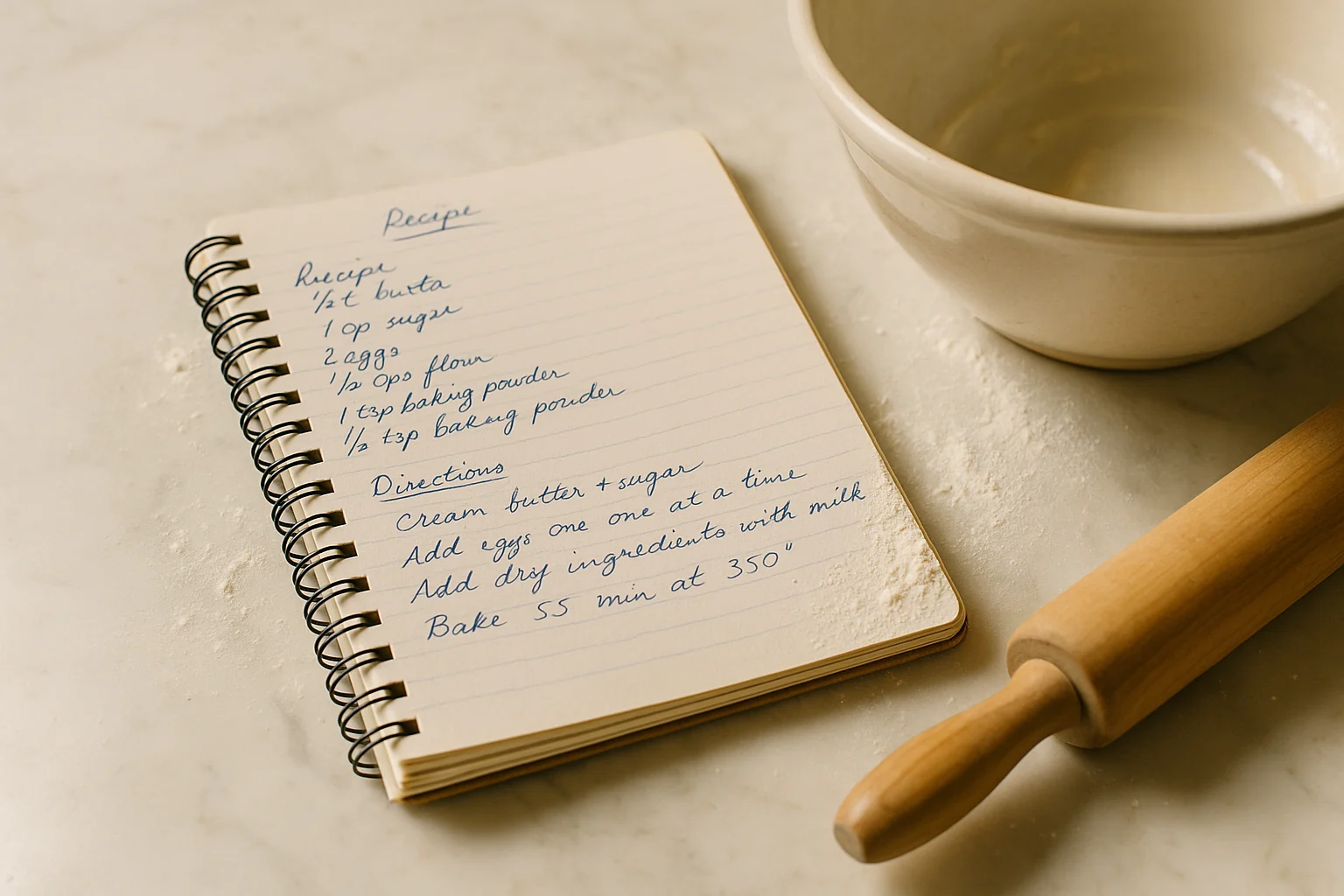 An open notebook of handwritten recipe notes on a floury marble counter beside a ceramic mixing bowl and a rolling pin