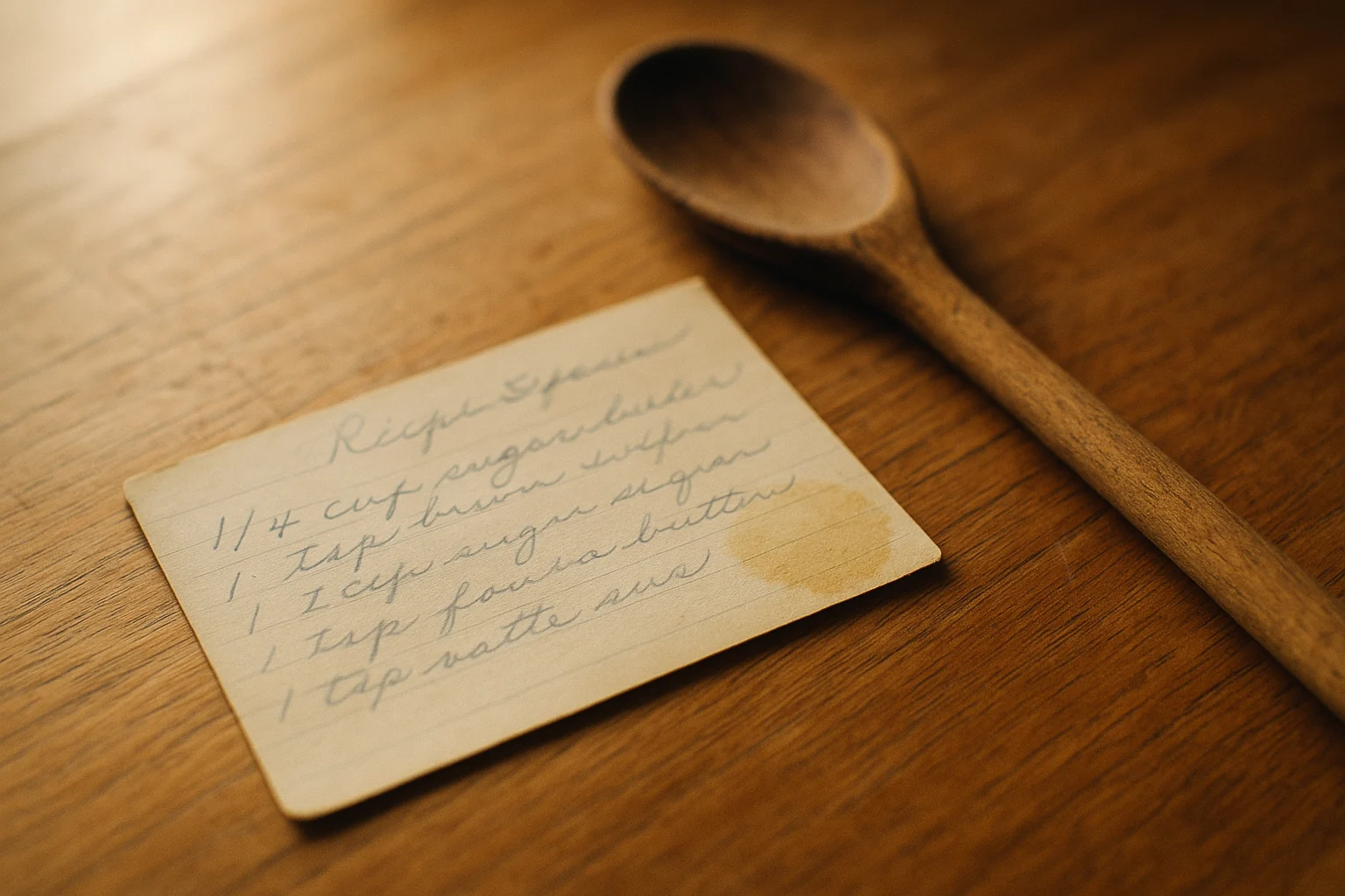 A handwritten recipe card with a butter stain in one corner, on a wooden kitchen table beside a wooden spoon